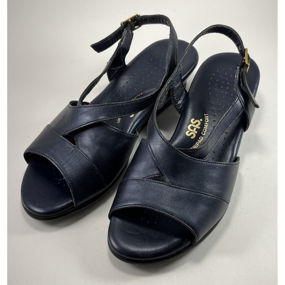 SAS Shoes - SAS Caress Wedge Sandals Navy Size 7 M Blue Slingback Leather Tripad Comfort
